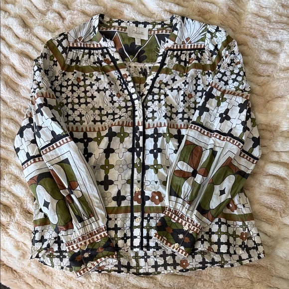 Cleobella Tops - Cleobella White Olive Green Brown Printed Boho Blouse